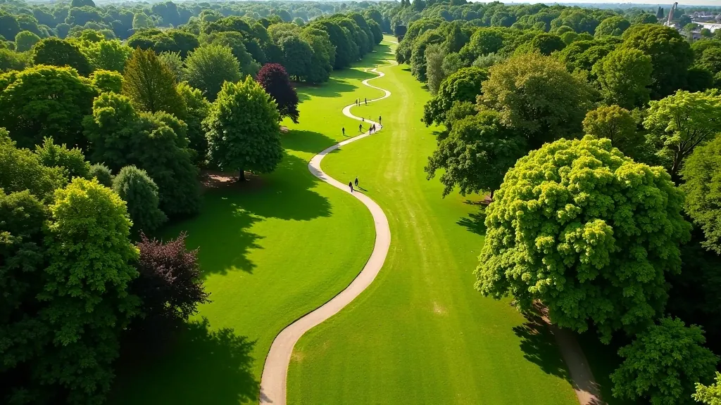 Aerial view of Fitzgerald Park showing tree-lined pathways and open green spaces perfect for comfortable walking