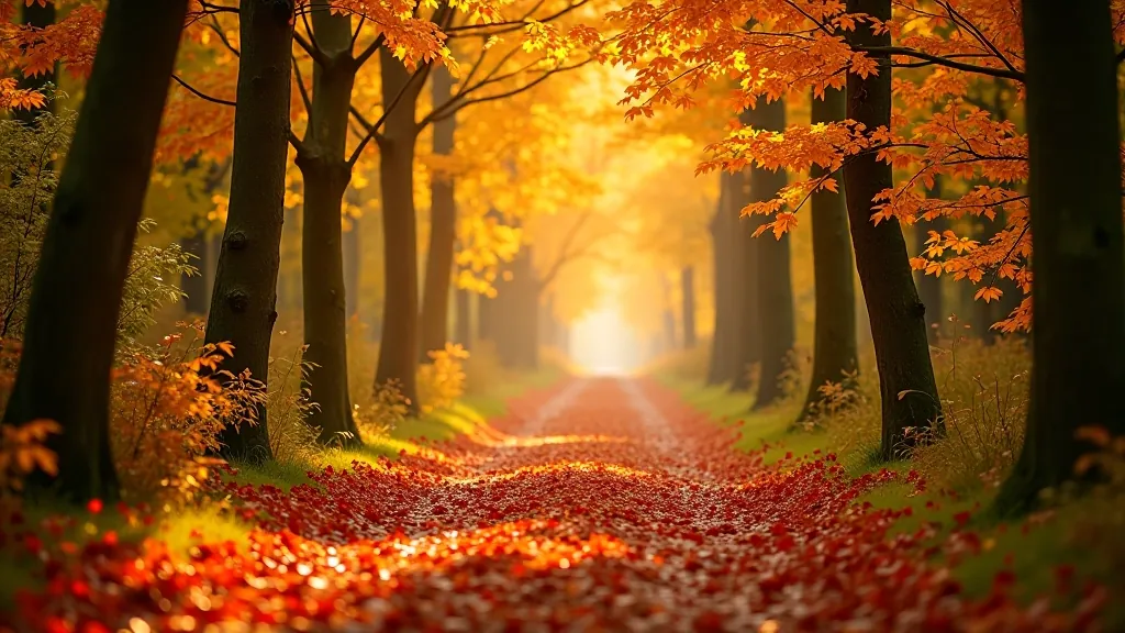Autumn forest pathway covered with golden and reddish fallen leaves, trees with changing colors overhead creating dappled light on the trail