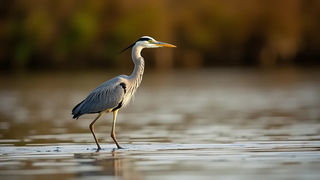 Grey heron standing in shallow water at riverside, hunting posture, natural wetland vegetation in background
