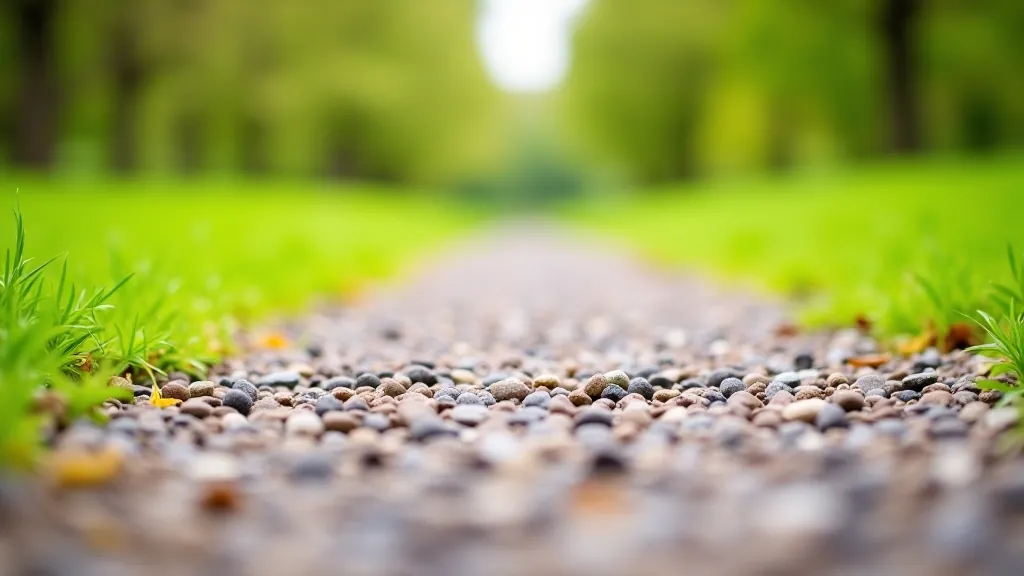 Close-up of a well-maintained park path with compacted gravel and flat surface, surrounded by green vegetation