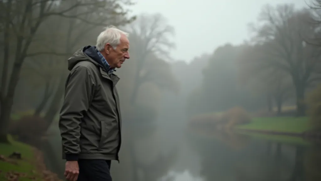 Person wearing layered clothing and waterproof jacket, standing on a misty morning park path