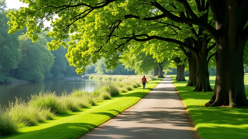 Scenic riverside path with mature trees creating a green canopy overhead, water visible to the left, well-maintained walking trail