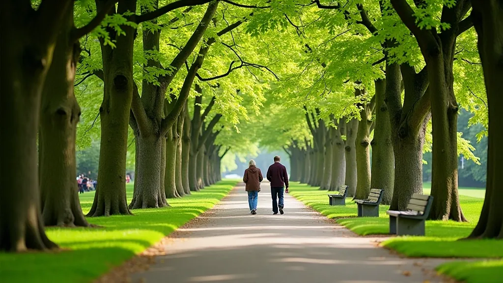 A tranquil view of Fitzgerald Park showing tree-lined walking paths and peaceful green spaces perfect for senior strolls