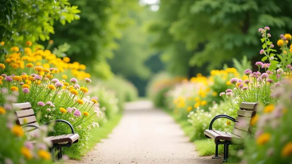 Vibrant seasonal wildflowers blooming along a peaceful garden pathway with wooden benches nestled among flowering plants