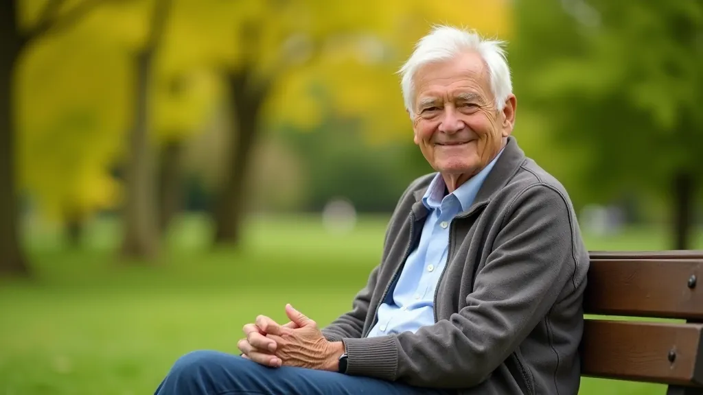 Elderly person sitting on a park bench, relaxing and enjoying the view of trees and pathways