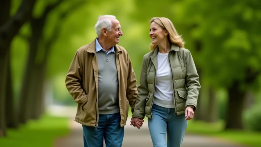 Senior couple walking together on a tree-lined path in a green park with natural lighting