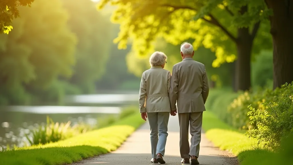 Senior adults enjoying a peaceful walk along a scenic riverside path in Cork