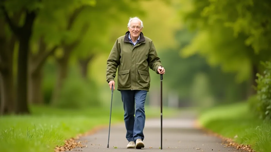 Confident senior person in outdoor clothing on a forest path, demonstrating proper walking posture and comfortable gear