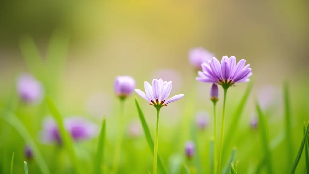 Close-up of delicate purple wildflowers blooming in spring grass with green foliage in soft natural morning light