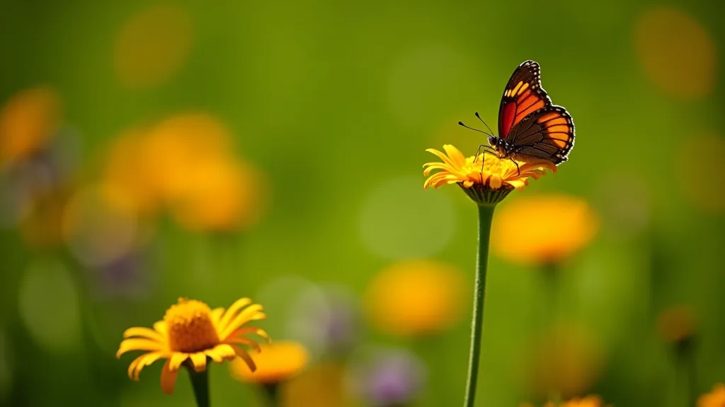 Summer garden scene with lush green plants, blooming flowers, and butterfly perched on a colorful blossom in bright daylight