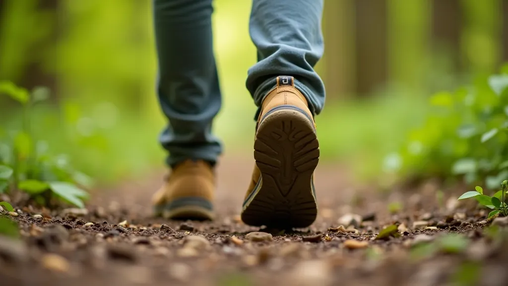 Close-up of walking boots on a forest path, showing proper sole grip and cushioning design