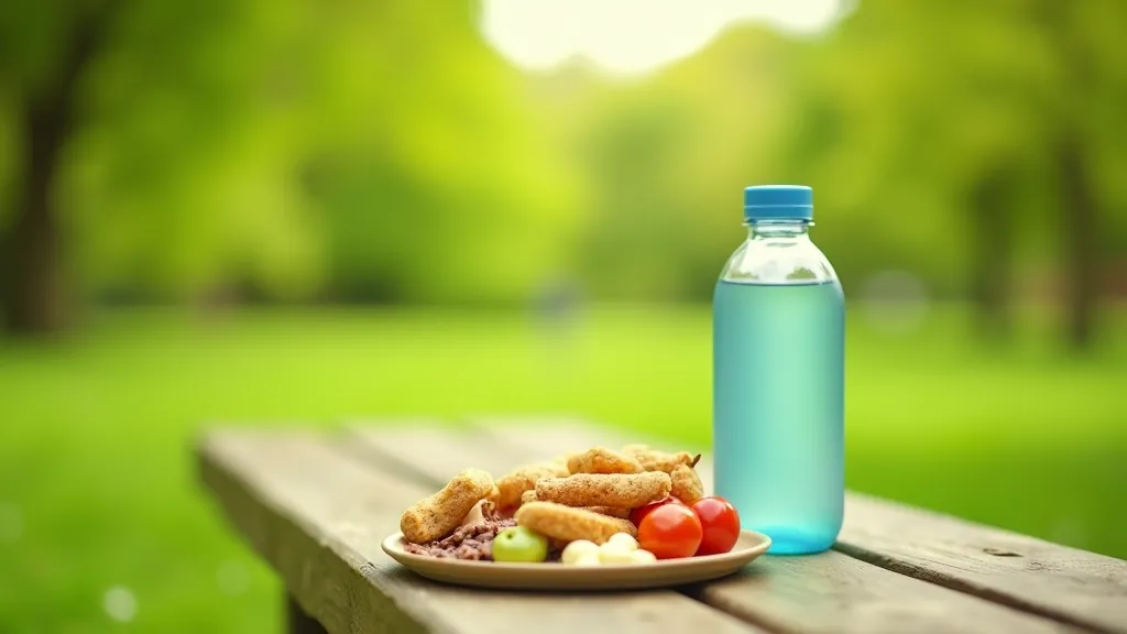 Water bottle and hiking snack on a wooden bench overlooking a park landscape