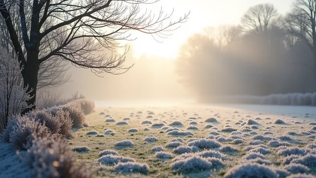 Winter landscape showing frost-covered grass and bare tree branches with ice crystals glistening in pale sunlight, misty morning atmosphere