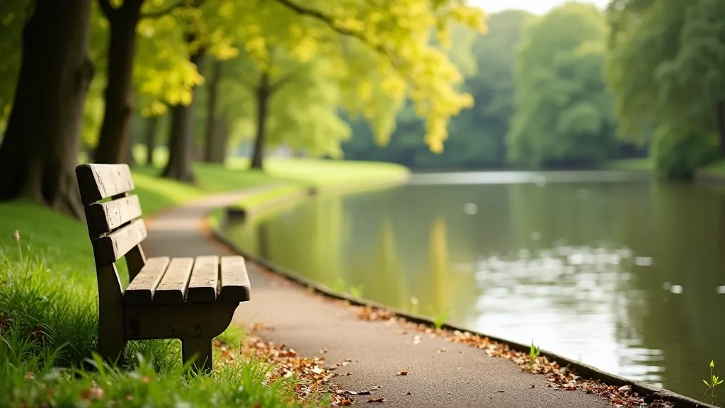 Wooden bench positioned overlooking calm river water with trees reflected in the surface, peaceful natural setting